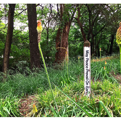 View of UUFF garden peace pole