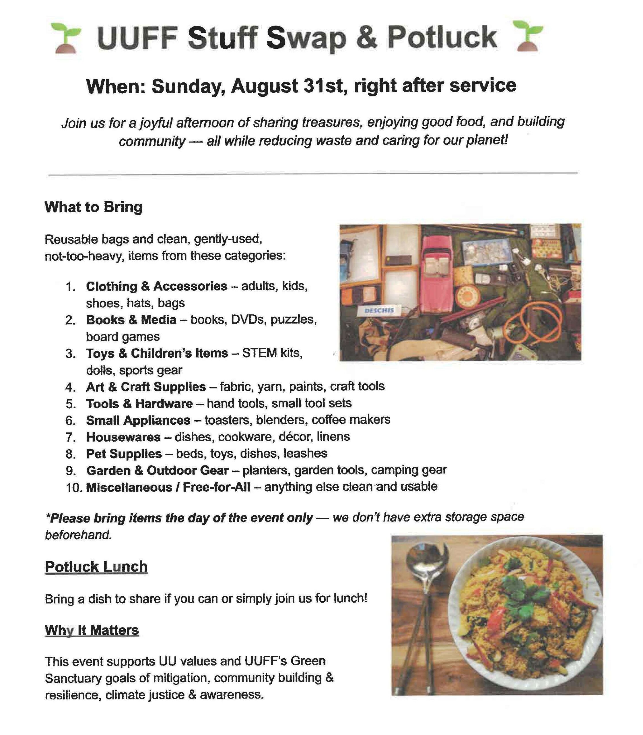 UUFF "No-Buy" Stuff Swap and Potluck event to be held after service on Sunday, August 31st!