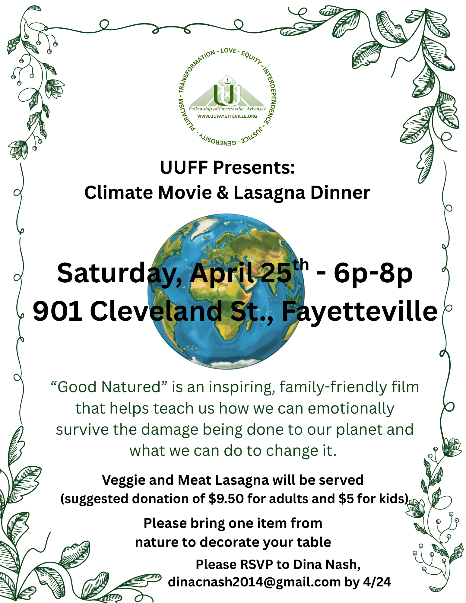 Family-Friendly Climate Justice Event: Dinner and a Movie - Saturday, April 25th, starting at 6pm!